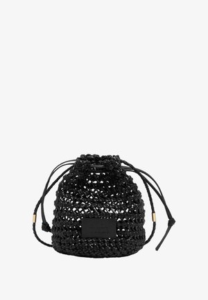 Small black woven drawstring pouch with braided cords and a rectangular label on front against white background.