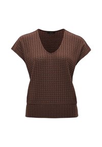Top marrón texturizado con escote en V, mangas cortas y un patrón tejido. Presenta un dobladillo ajustado para un aspecto entallado.