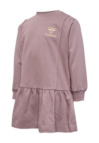 Robe pour tout-petit à manches longues couleur lilas avec jupe froncée, poignets côtelés, boutons aux épaules et un petit logo doré Hummel sur la poitrine.