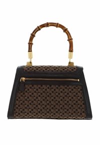 Borsa a tracolla marrone con motivo, manico in stile bambù, accenti neri, hardware dorato e una tasca anteriore con zip. Materiale testurizzato in contrasto con superficie liscia.