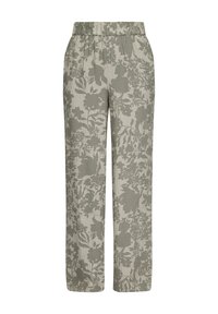 Pantalons à motif floral en tissu doux. Dotés d'une taille élastique, de jambes droites et d'un schéma de couleurs vert et beige discret.