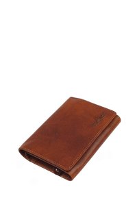 Brown leather wallet with a smooth texture, fold-over design, and embossed logo. Features stitching and a snap closure.