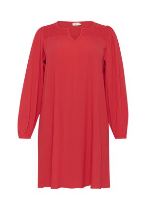 Czerwona sukienka z długim rękawem, dekoltem w serek i marszczeniami na ramionach. Wykonana z lekkiego materiału o luźnym kroju.