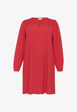 Czerwona sukienka z długim rękawem, dekoltem w serek i marszczeniami na ramionach. Wykonana z lekkiego materiału o luźnym kroju.