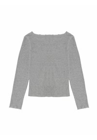 Gray long-sleeve top made from a soft, ribbed fabric. Features a slightly cropped cut and a wide, off-the-shoulder neckline.