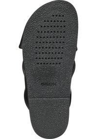 Melnas gumijas apavu zole ar teksturētu virsmu, kas aprīkota ar mazām ventilācijas atverēm un ar izspiestu logo "GEOX" netālu no papēža.