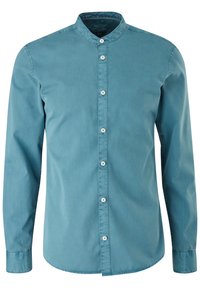 Chemise bleu sarcelle à boutons, col officier, manches longues et patte de boutonnage frontale avec boutons blancs ; tissu en coton lisse avec léger brillant.