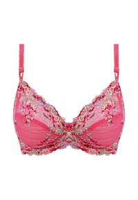 Sujetador de encaje en un vibrante rosa, con bordados florales en tonos dorado y azul, copas con aros y tirantes ajustables.
