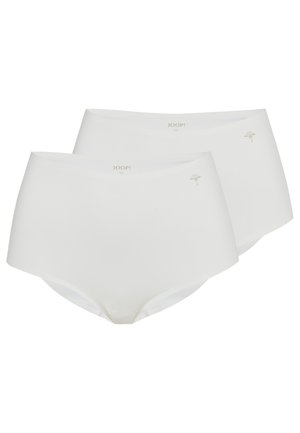 To hvide seamless trusser med høj talje med lille "JOOP! M" logo og subtil dekorativt emblem på frontlinningen.