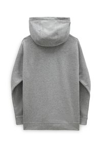 Sweatshirt à capuche grise avec une coupe décontractée, présentant une capuche arrondie et des manches longues. Texture douce avec une finition en jersey et des poignets côtelés.