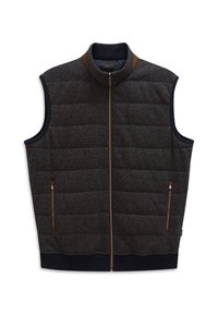 Dunkel gemusterte gepolsterte Weste mit hohem Kragen, Reißverschluss vorne und zwei seitlichen Taschen mit braunen Akzenten.