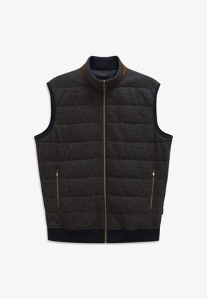 Gilet imbottito in tessuto a motivo scuro con colletto alto, chiusura con zip e due tasche laterali con accenti marroni.