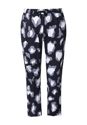 Pantalones de tela ligera con una base negra y patrones abstractos en blanco y gris, cintura elástica y cierre con cordón.