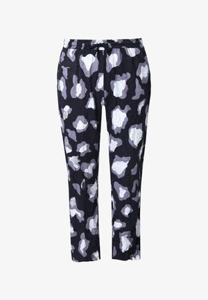 Leichte Stoffhosen mit schwarzem Grund und weißen sowie grauen abstrakten Mustern, elastischem Taillenbund und Kordelzug.