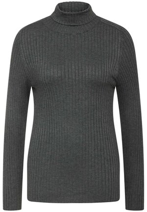 Pull à col roulé côtelé gris foncé avec des manches longues, présentant une coupe ajustée et une texture douce. Pas de motifs ni de matériel visible.