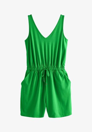 Zeleno brezrokavno romper oblačilo iz mehkega blaga z V-izrezom, elastičnim pasom, podrobnostjo z vrvico in stranskimi žepi. Gladka tekstura.