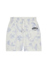 Vita shorts med ett blått tie-dye-mönster, elastisk midja, justerbar dragsko och "Venice"-grafik tryckt i svart.