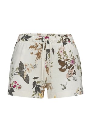 Floral gemusterte Shorts in hellem Creme, aus weichem Stoff gefertigt. Verfügt über einen elastischen Bund mit Kordelzug und verschiedenen Blumendrucken in Farben.