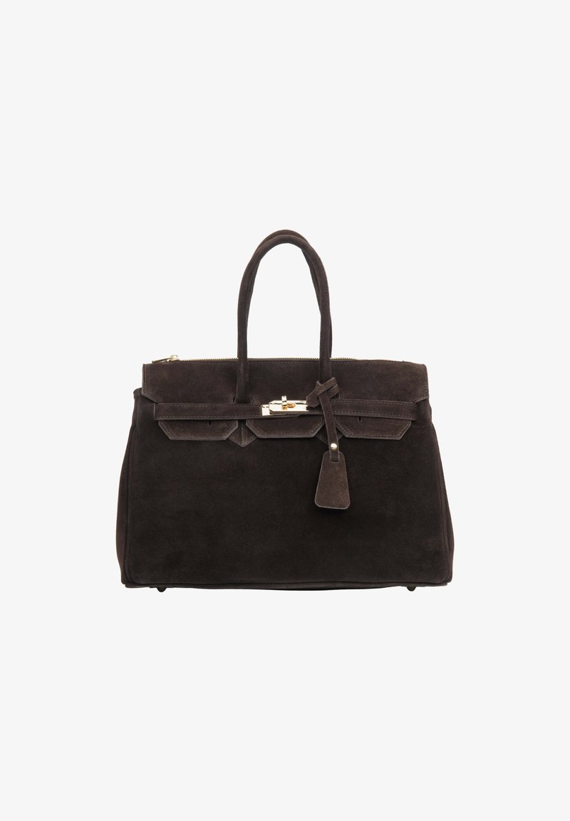 Dark brown suede handbag with two top handles, gold-tone hardware, zip closure, and a detachable tag. Features structured design and flat base.
