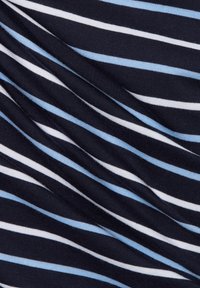 Navy fabric with varying-width horizontal stripes in light blue and white. Smooth texture with a slight stretch and draping appearance.