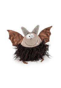 Plush toy bat with gray horns, brown wings, large eyes, smiling mouth with one tooth, and shaggy black fur body.