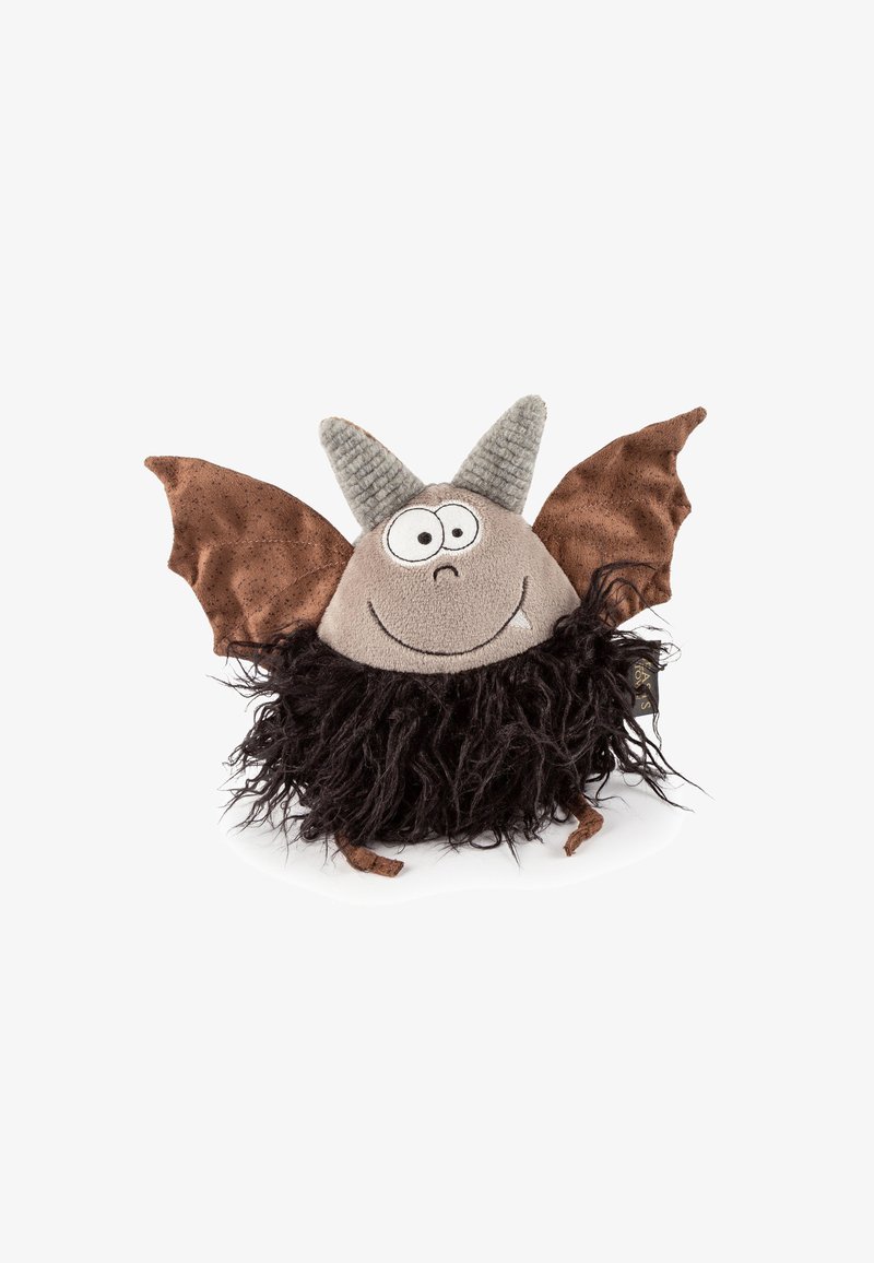 Plush toy bat with gray horns, brown wings, large eyes, smiling mouth with one tooth, and shaggy black fur body.