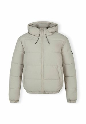 Svijetlo bež puffer jakna s kapuljačom, s prednjim zatvaračem, elastičnim manžetama i kviltanim uzorkom za izolaciju i toplinu.