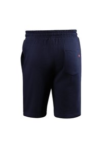 Dunkelblaue Shorts mit elastischem Bund und einer Gesäßtasche auf der rechten Seite sowie einem kleinen roten Logostreifen über der Tasche.