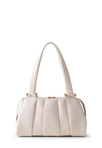 Cream leather handbag with pleated design, compact shape, dual handles, and gold hardware accents. Smooth texture with subtle sheen.