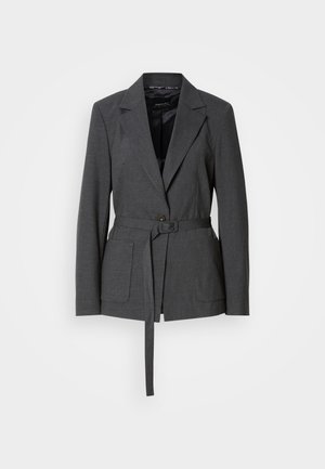 Grijze op maat gemaakte blazer van textuurstof, met een enkele knoopsluiting, een ceintuur in de taille en twee voorzakken. Gevoerde binnenkant.