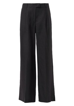 Czarne lniane spodnie szerokie w nogawkach z płaskim przodem, ukrytym zapięciem na haczyk i suwak, ozdobione wyraźnymi fałdami oraz lekkim, oddychającym materiałem.