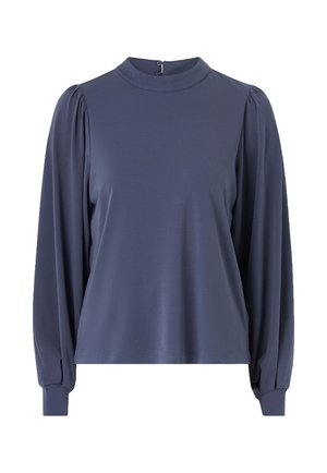 Top de manga larga azul marino con un collar alto, costuras de hombro fruncidas y cierre de botón en la parte posterior. Tejido suave y ligero con un corte relajado.