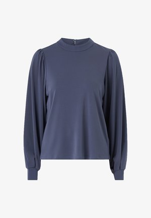 Marineblaues Langarmshirt mit hohem Kragen, gerafften Schulternähten und Knopfverschluss auf der Rückseite. Glatter, leichter Stoff und lockere Passform.