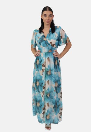Blumen-Maxi-Kleid mit Wickeldesign, featuring großen blauen und beigen Blumenmustern, kurzen Ärmeln und elastischem Bund. Leichter Stoff.