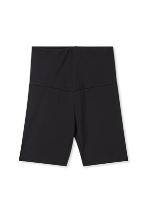 Shorts neri a vita alta realizzati in tessuto elastico, con una superficie liscia e un design minimalista privo di hardware o motivi visibili.