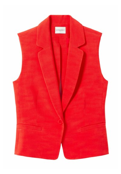 Gilet blazer rosso senza maniche con rever a incavo, chiusura con un solo bottone e due tasche a filetto frontali, disteso su uno sfondo bianco.