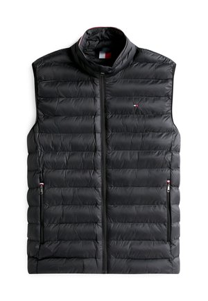 Zwarte gewatteerde mouwloze puffer-vest met ritssluiting aan de voorkant, twee met rits afgesloten zakken en een klein rood-wit-blauw logo op de borst.