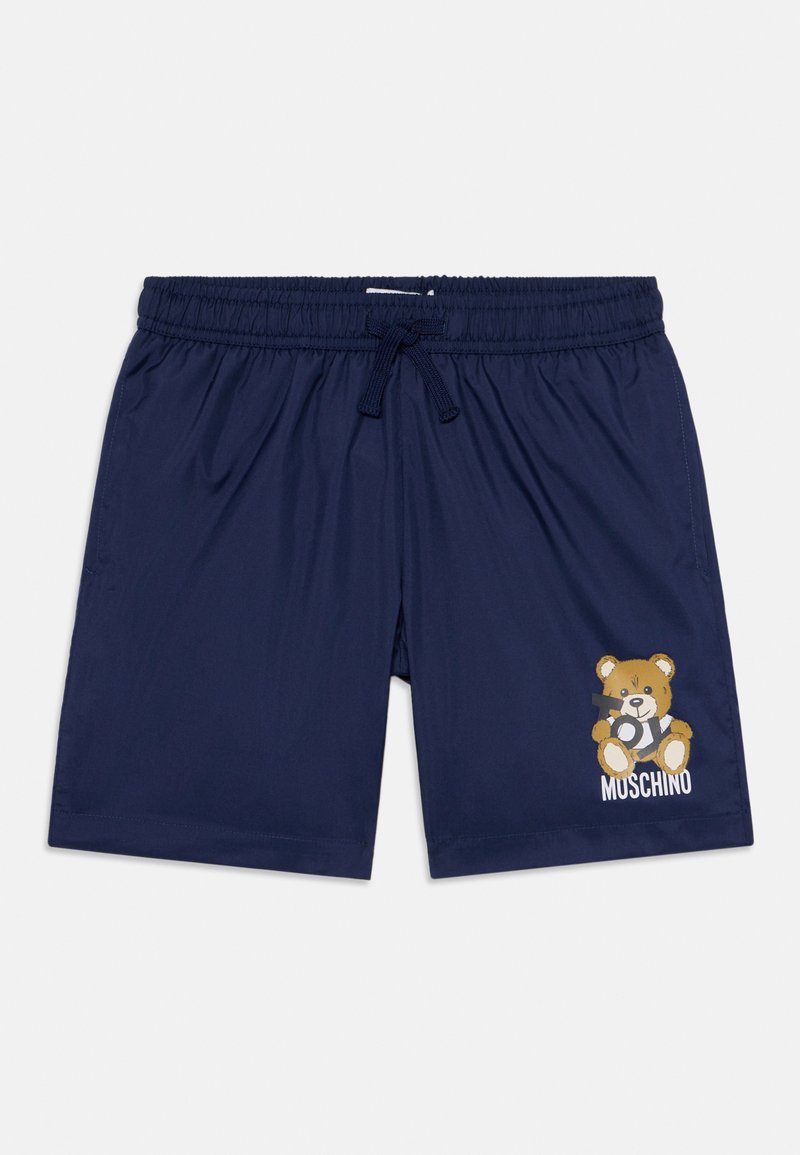 Námornícke modré plavky s elastickým pásom a šnúrkou. Na prednej strane je potlač s dizajnom medvedíka a text "MOSCHINO".