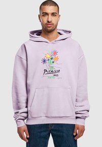 Hoodie lilla con stampa grafica floreale e la scritta "Picasso" sul davanti, dotato di tasca a marsupio e polsini a coste.