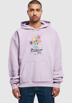 Lavenderfarbenes Hoodie mit floralem Grafikdruck und dem Text "Picasso" auf der Vorderseite, mit einer Kängurutasche und gerippten Bündchen.