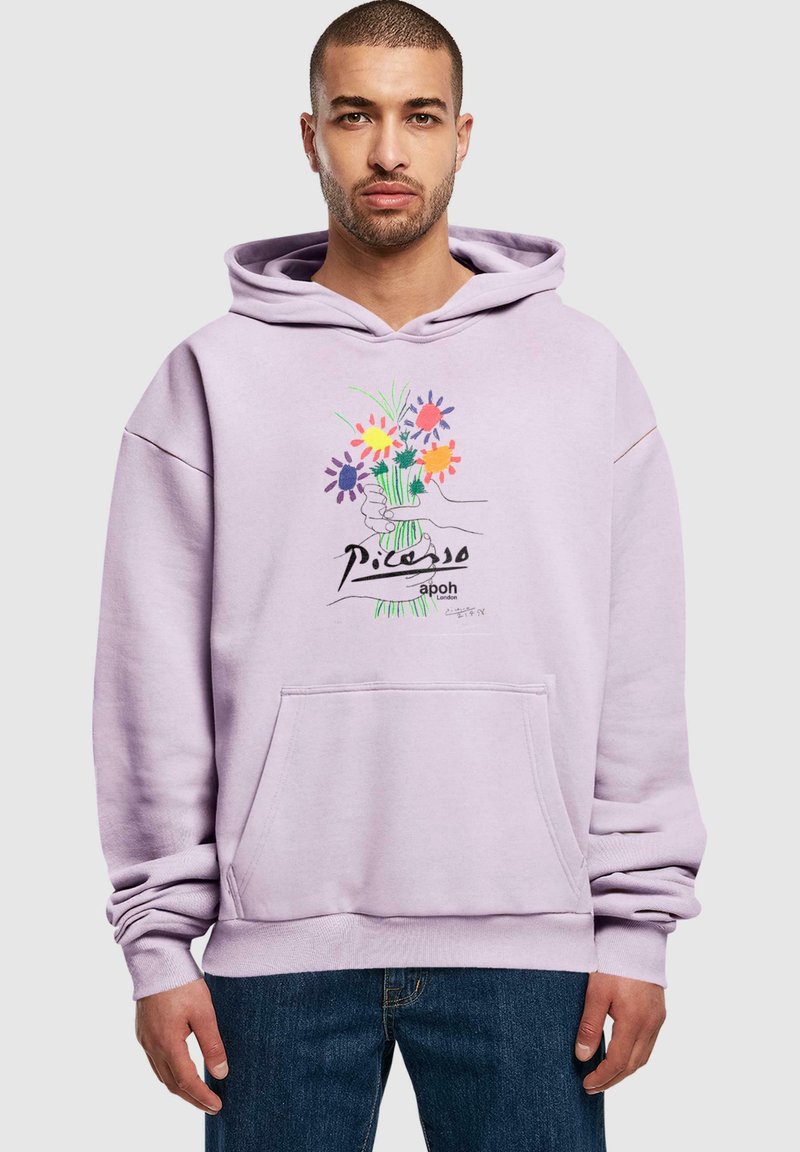 Hoodie lilla con stampa grafica floreale e la scritta "Picasso" sul davanti, dotato di tasca a marsupio e polsini a coste.