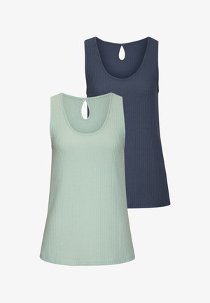 Deux débardeurs en vert clair et bleu marine, présentant une texture côtelée, un col rond et un détail en trou de serrure à l'arrière.