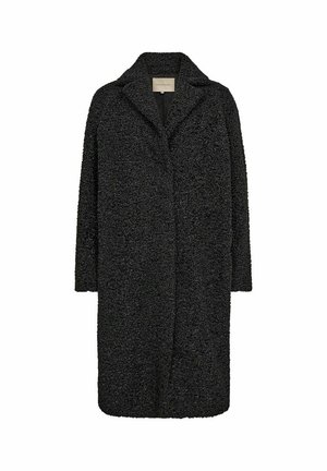 Schwarzer, texturierter langer Mantel mit Reverskragen und offenem Vorderteil. Aus hochwertigem Stoff gefertigt, bietet er Wärme und eine lässige Silhouette.