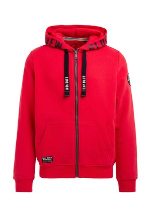 Rode zip-up hoodie met een trekkoord capuchon. Voorzien van marineblauwe accenten op de capuchon en ritsen. Inclusief twee voorkruiden en een logo patch.
