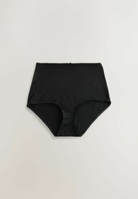 Čierne dámske nohavičky s vysokým pásom a malým predným mašličkovým detailom, položené na rovnom bielom pozadí.