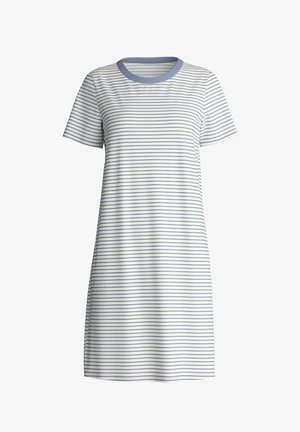 Korte mouwen, witte jurk tot op de knie met lichtblauwe horizontale strepen en een effen lichtblauwe ronde halslijn.