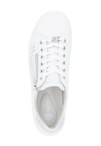 White sneaker with a smooth upper, perforated detailing on the side, a zip closure, and white laces. Includes a cushioned insole and flat sole.