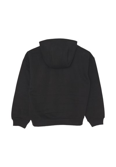 Felpa nera con tasca a marsupio, tessuto morbido, polsini e orlo a coste, con cappuccio ampio. Vista posteriore con design senza cuciture.