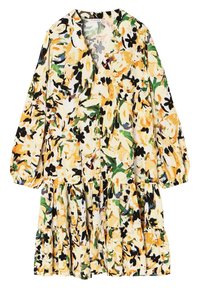 Vestido floral con un patrón en amarillo, negro y verde, con escote en V, mangas largas tipo globo y dobladillo en capas. Fabricado en tejido suave.