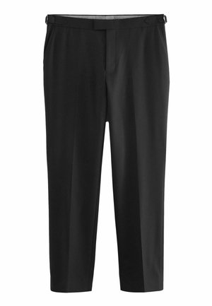 Schwarze maßgeschneiderte Hose mit flachem Vorderteil und Gürtelschlaufen. Aus glattem Material gefertigt, mit geradem Beinansatz und dezenten Nähten.